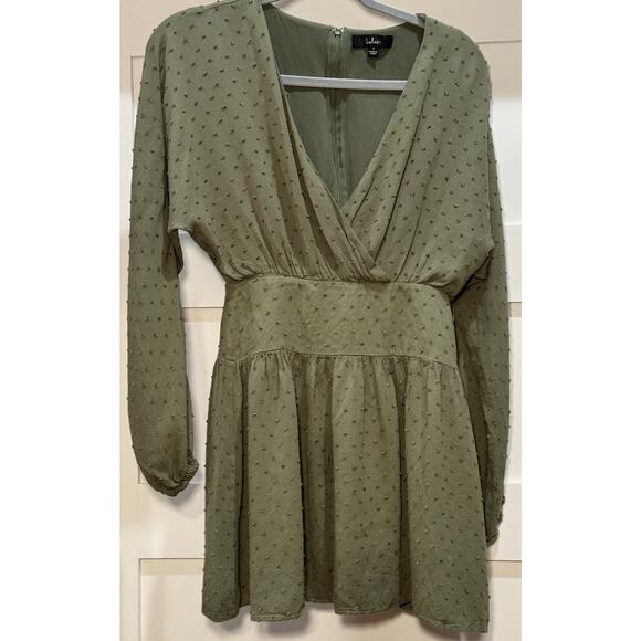 LuLus Boho Rayon Mini Dress Olive Green Dot Women's Size Small - Picture 2 of 15